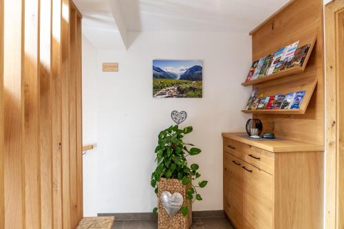 a room with a wooden cabinet and a potted plant at Haus Alpenheim Apartment 3 in Tux