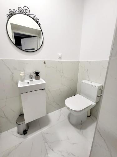 a white bathroom with a toilet and a mirror at Mini Apartamenty Poznań in Poznań