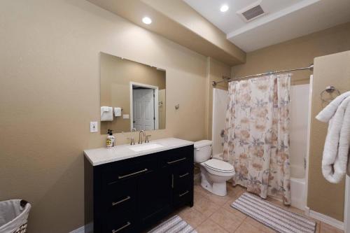 een badkamer met een wastafel, een toilet en een douche bij 210 Forest Ridge Drive in Durango