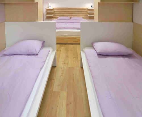 two beds in a room with purple pillows at TOP apartmán Novohradské hory in Černé Údolí