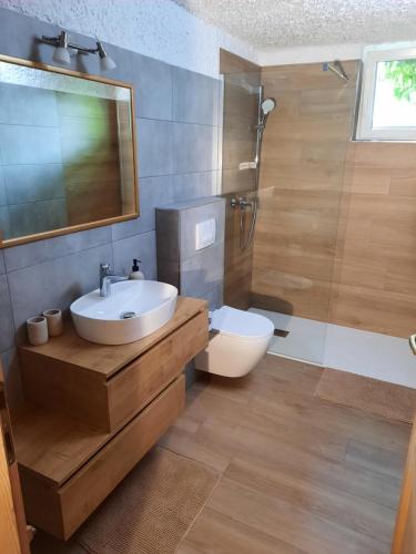 a bathroom with a sink and a toilet and a mirror at Hiša odprtih vrat in Tolmin