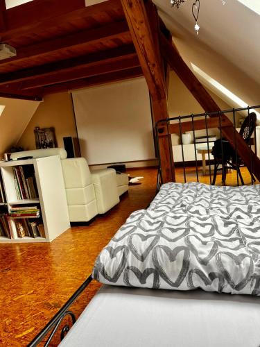 ein Schlafzimmer mit einem Bett und einem Bücherregal in der Unterkunft Apartmán na horách, Plešivec in Pstruží