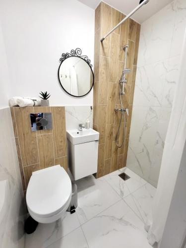 a bathroom with a toilet and a shower with a mirror at Mini Apartamenty Poznań in Poznań