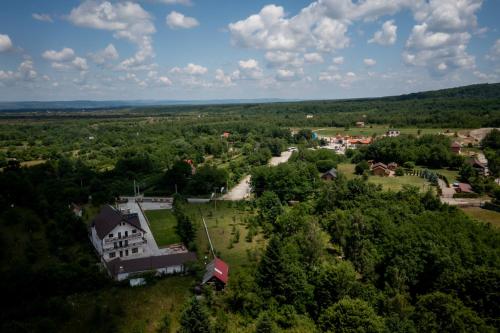 an aerial view of a house in the woods at Evergreen Chalet in Avrig
