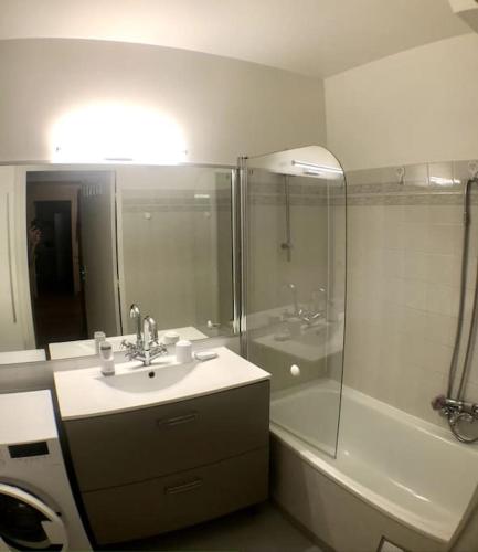 uma casa de banho com um lavatório e um chuveiro em Cagnes sur Mer-Spacieux 2 pièces em Cagnes-sur-Mer