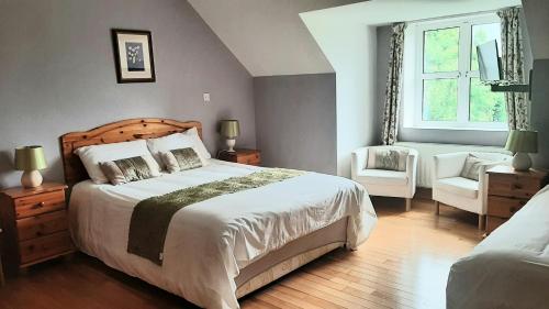 una camera con un letto e una sedia e una finestra di Yeats Lodge a Drumcliff