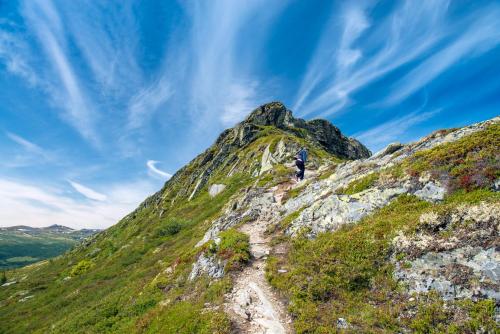 a person standing on the side of a mountain at Spidsbergseter Resort Rondane in Venabygd