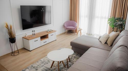 uma sala de estar com um sofá e uma televisão de ecrã plano em Modern Apartment in Timisoara em Timisoara