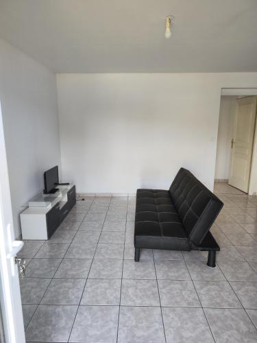 Poggi的住宿－Appartement 2 Pièces Vue Montagne Proximités Grandes Surfaces，客厅设有一张黑色沙发,配有电视