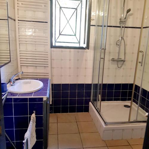 une salle de bain avec un lavabo et une douche dans l'établissement Maison confortable avec piscine à Saint-Julien-de-la-Nef, à Saint-Julien-de-la-Nef