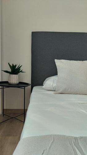 a bed with a pillow and a plant on a side table at inas apartments 2 in Lefkímmi