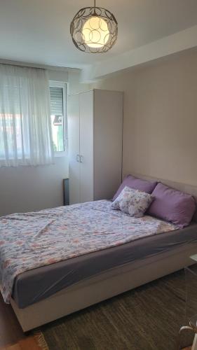 Stan na dan Loznica في لوزنيكا: غرفة نوم مع سرير كبير مع ملاءات أرجوانية
