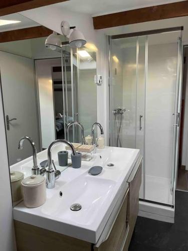 une salle de bain avec un lavabo et un grand miroir dans l'établissement Maison Campagne Aixoise, à Éguilles