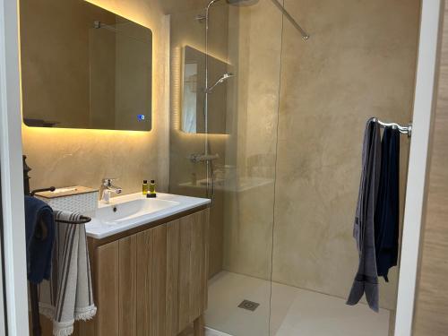 une salle de bain avec un lavabo et une douche en verre dans l'établissement Au ciel étoilé, à Castillon-du-Gard