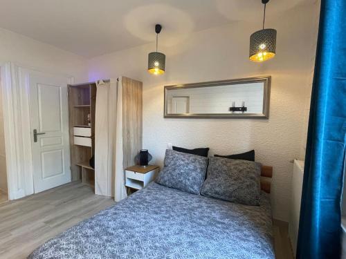 Schlafzimmer mit einem Bett mit blauer Decke und einem Spiegel in der Unterkunft F2 Résidence Eurotel n°5 avec vue sur le Cher, Centre - Ville in Montluçon