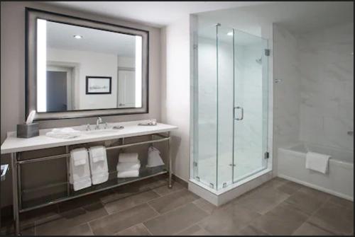 uma casa de banho com um chuveiro, um lavatório e um espelho. em The Inn at Patrick Square em Clemson