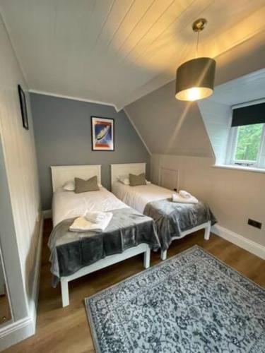 a room with two beds and a rug at Accommodation at Salomons Estate in Royal Tunbridge Wells