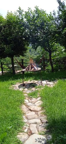 a bench in a park with trees and grass at Tuta House Sighnaghi in Sighnaghi