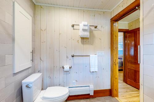 a bathroom with a white toilet and a wooden door at Shore Acres in Isle la Motte