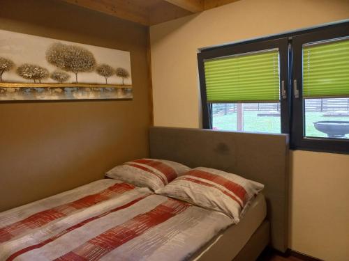 1 dormitorio con 1 cama y 2 ventanas con persianas verdes en Chalet am Waldesrand, 