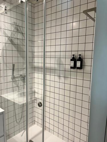 a bathroom with a shower with two soap bottles at Morgado da Granja in Aveiro