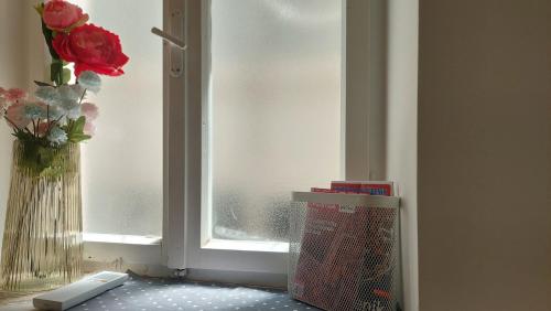 a window with a vase of flowers and a wii controller at Rooms & Studio Apartments Šibenik in Šibenik