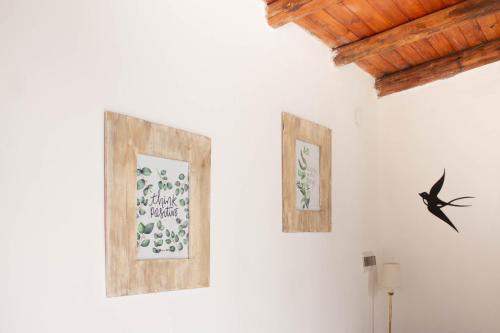 two pictures on a white wall with a bird on it at Monoambiente Golondrina in Capilla del Monte
