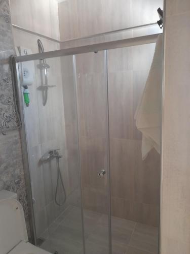 baño con ducha y puerta de cristal en IASOS YAZLIK EV, en Milas