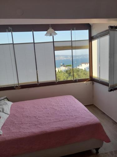 1 dormitorio con cama morada y ventanas grandes en IASOS YAZLIK EV, en Milas