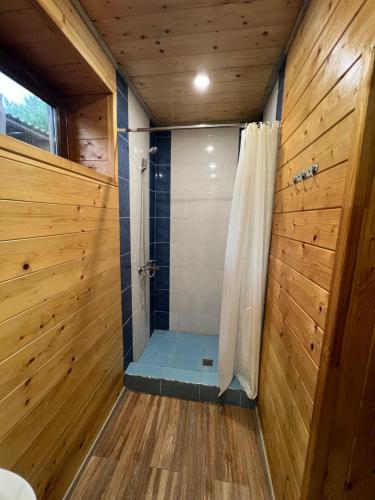 a bathroom with a shower with a shower curtain at Balkonchik GuestHouse in Dilijan