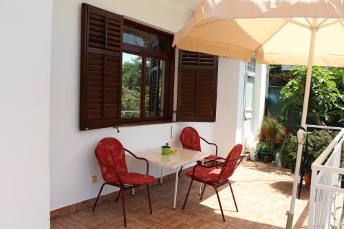 a table and chairs and an umbrella on a patio at Guest House Tomanovic in Herceg-Novi