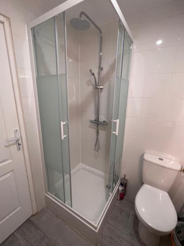 La salle de bains est pourvue d'une cabine de douche et de toilettes. dans l'établissement Studio 2prs Tout Equipé Et Neuf, à Marseille
