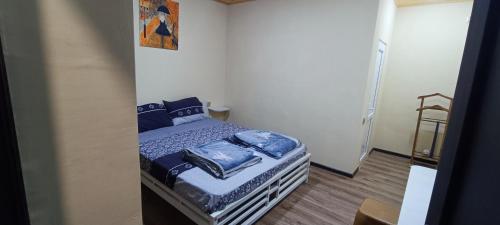 een kleine slaapkamer met een bed met blauwe kussens bij Fraish air boutige in Qusar