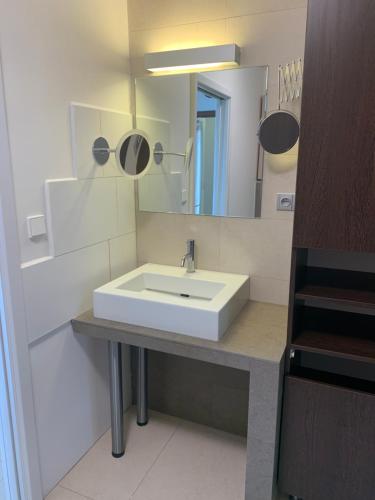 y baño con lavabo blanco y espejo. en Apartmán s wellness službami, en Čerčany