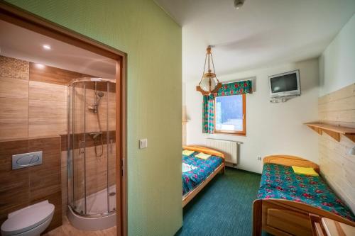 a bathroom with a shower and a bed and a toilet at Hotel Górski Kalatówki in Zakopane