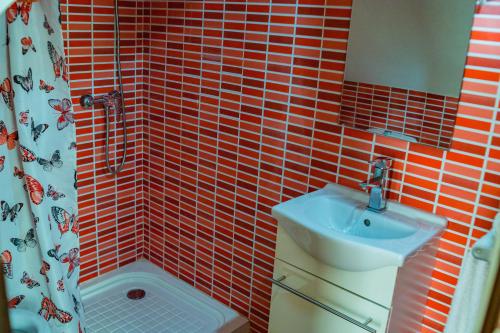 baño de azulejos rojos con lavabo y ducha en Apartamento Horno Castril, en Castril