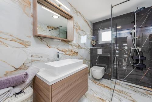 ein Bad mit einem Waschbecken und einer Dusche in der Unterkunft MY DALMATIA - Villa Pezer with heated swimming pool, sauna and Jacuzzi in Benkovac