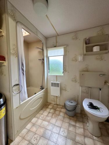 uma casa de banho com um WC, uma banheira e uma janela. em Domek za świerkami em Charzykowy