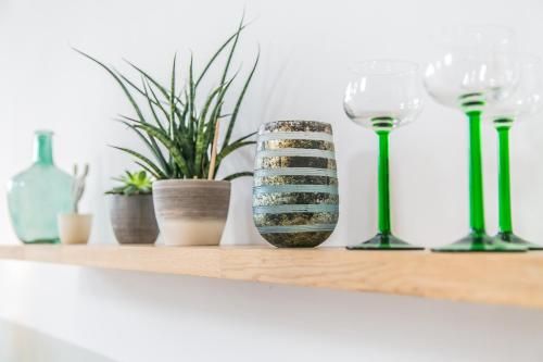 a shelf with wine glasses and vases and plants at Saltwhistle - Bracklesham Bay in Chichester