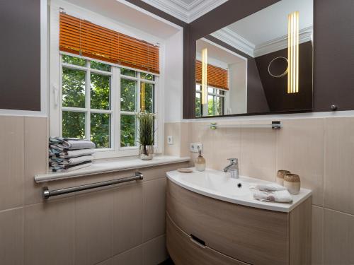 W łazience znajduje się umywalka i lustro. w obiekcie Südwind´s Friesenlodge w mieście Tinnum