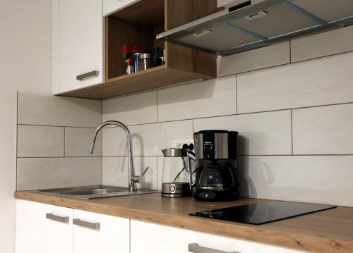 a kitchen with a sink and a coffee maker on a counter at Studio Marjetica in Zgornje Gorje
