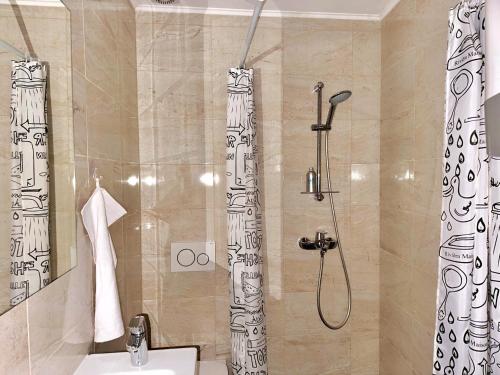 ein Bad mit einer Dusche und einem Waschbecken in der Unterkunft Romeo apartments Rovigno in Rovinj