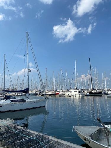a group of boats docked in a harbor at huisje in zeeland helemaal gerenoveerd in Sint Annaland