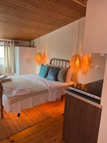 a bedroom with a bed and a flat screen tv at Agape Studios in Neos Marmaras