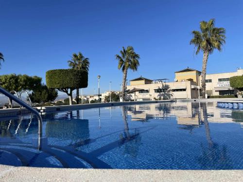 een groot zwembad met palmbomen en gebouwen bij El mundo soleado in Santa Pola