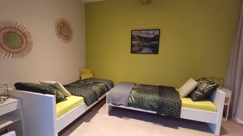 twee bedden in een kamer met groene muren en spiegels bij Hermelgemhoeve - Zonnebloem in Zwalm
