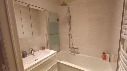 een witte badkamer met een wastafel en een douche bij Hermelgemhoeve - Zonnebloem in Zwalm