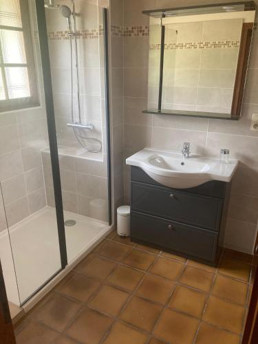 une salle de bain avec un lavabo et une douche dans l'établissement maison moliets, à Moliets-et-Maa