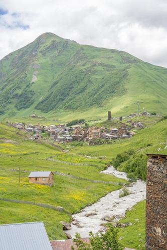 a small town in a field with a mountain in the background at Babi & Tata's House in Ushguli