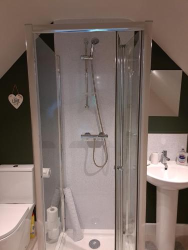 a shower with a glass door next to a sink at The Lookout in Bromsgrove
